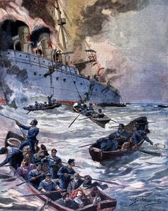 アリカンテで起きた蒸気船ヴィットリア号の火災。イラスト：ベルトラメLa Domenica del corriere.1899. 作： Achille Beltrame