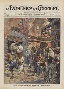 ヨーロッパのトルコにあるアドリアノープル市の火事と住民の脱出 作： Achille Beltrame