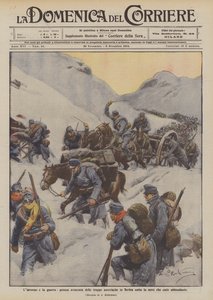 冬と戦争、雪が降るセルビアのオーストリア軍の痛ましい前進 作： Achille Beltrame