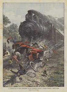 直行列車と高速道路で発進した車の衝突、パリ近郊 作： Achille Beltrame