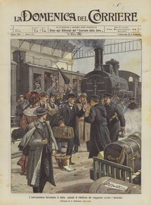イタリアでの鉄道デモ、鉄道労働者に対する旅行者の反乱のエピソード 作： Achille Beltrame