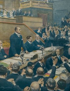 MUSSOLINI, Benito (1883-1945).イタリアのファシスト政治家、イタリアのドゥーチェ（指導者）（1925年〜1943年）。西側4大国の間で結ばれた同盟を元老院で発表するムッソリーニ。アキレ・ベルトラーメ（1871-1945）「ラ・ドメニカ・デル・コリエール」6月7日号より 作： Achille Beltrame