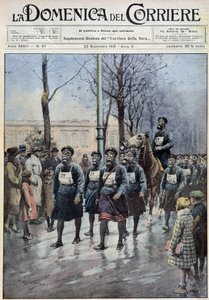 ワルシャワで行われたガスマスク使用のためのデモ行進 - 1931年11月22日付「la Domenica del Corriere」に掲載されたA.Beltrameの絵 作： Achille Beltrame