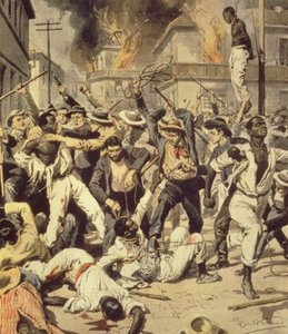 イリノイ州スプリングフィールドで黒人を狩る暴徒、1908 年 8 月の『ラ ドメニカ デル コリエール』より、アシル ベルトラム (1871-1945) 作： Achille Beltrame