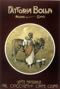赤ちゃんに牛のミルクを飲ませる母親 - Fattoria Bollaの広告ポスター（ポスター 作： Achille Beltrame