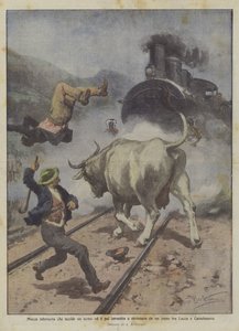 人を殺し、ルッカとカステルヌオーヴォの間を電車にひかれ、押しつぶされる怒りの牛 作： Achille Beltrame