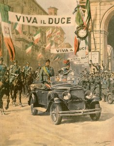 トリノに到着したムッソリーニ、Achille Beltrame（1871-1945）作、1932年10月発行の「La Domenica del Corriere」より。 作： Achille Beltrame