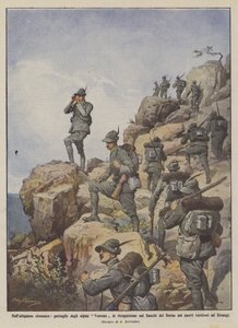キレナ高原で、ダーナの両側に偵察中のヴェストーン高山軍のパトロール？ 作： Achille Beltrame