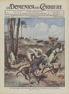 新しい戦争手段、アラブのスパイは犬に驚かされ攻撃され、埋葬された武器を発見するためにも使用されました 作： Achille Beltrame