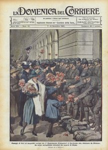 花はサルデーニャの第1グレナディア連隊の壮大な兵士に敬意を表しています。 作： Achille Beltrame