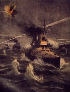 敵の攻撃を受けながらもダーダネルス海峡に果敢に侵入する我が魚雷艇（Achille Beltrame（1871-1945）著、「La Domenica del Corriere」より引用 作： Achille Beltrame