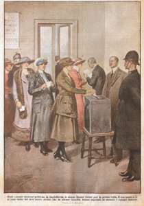 イギリスの政治選挙。初めて投票する女性たち、Achille Beltrame（1871-1945）、「La Domenica del Corriere」より、20世紀 作： Achille Beltrame
