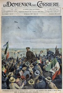 ポルト・ナタール：大西洋を横断したイタロ・バルボ大臣率いるイタリア人飛行士の凱旋 - dess. de A. Beltrame（1931年1月25日付「la Domenica del Corriere」掲載 作： Achille Beltrame
