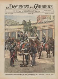 貴重な行為で名声を博した兵士のナポリのアオスタ公爵によってなされた賞？ 作： Achille Beltrame
