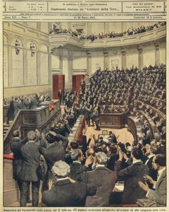 2月22日夜のイタリア議会再開会、リビアでの作戦成功後の軍隊への応援、イラストレーター、Achille Beltrame（1871-1945）、1912年3月3日のLa Domenica del Corriereより。 作： Achille Beltrame