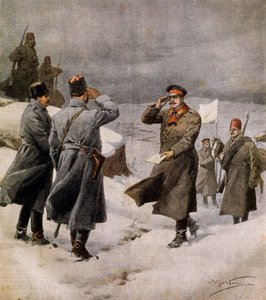 戦争再開、休戦終了を告げるメッセージを携えてブルガリアの陣地に到着したトルコの議員、Achille Beltrame（1871-1945）作、「La Domenica del Corriere」2月9日付のイラスト。 作： Achille Beltrame