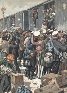 ロシア予備役の出発。アントニオ・ベルトラメのイラスト入り。"La Domenica del Corriere".10月9日 作： Achille Beltrame