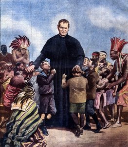 聖ヨハネ・ボスコジョヴァンニ・ボスコ（ドン・ボスコとも呼ばれる）イタリアの司祭（1815～1888年）。アキレ・ベルトラメのイラスト