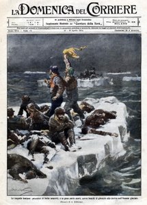 アザラシ漁師の中には死亡した者もいて、海の流氷の上に取り残されたままだった。Ill.de Beltrame."La Domenica del corriere".12-19/04/1914.