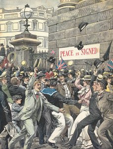 第二次ボーア戦争。ロンドンの街角で行われた終戦のアナウンス。アントニオ・ベルトラメのイラスト。"ラ・ドメニカ・デル・コリエール" 作： Achille Beltrame