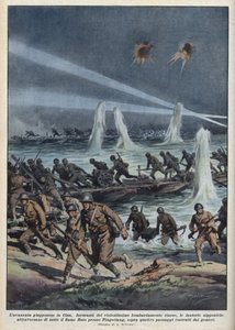 日中戦争（1937-1945）。"日本軍は中国の爆撃を受けながら、平昌の近くで胡桃川を渡る。"1937年10月17日の "La domenica del corriere "に掲載されたAchille Beltrameのイラスト。 作： Achille Beltrame