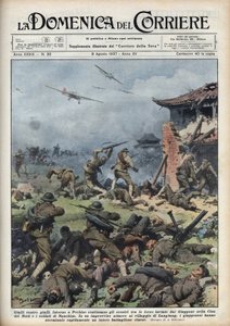 日中戦争（1937年～1945年）：北京付近で日本軍と中国軍の兵器が衝突し、日本軍は中国軍の大隊を瞬く間に全滅させた。1937年8月8日の "La domenica del corriere "に掲載されたAchille Beltrameのイラスト。 作： Achille Beltrame