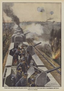 フランダースの現代の戦争では常に新しい破壊的な手段、2つの装甲列車（ドイツとフランスの1つ）間の闘争 作： Achille Beltrame