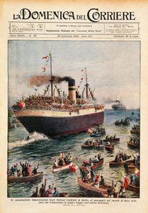 東アフリカに向かうイタリア軍を乗せた船がスエズ運河を渡る様子（10月20日付「La Domenica del Corriere」のイラスト 作： Achille Beltrame