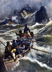 イタリアのピオンビーノ付近で沈没した船。"La Domenica del Corriere"、イラストはBeltrame。1910 作： Achille Beltrame