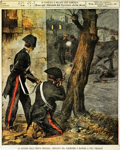 シチリアのマフィアのイベント、トラーパニでのカラビニエリとマフィアのギャングの戦い、イラスト、イラストレーターのAchille Beltrame（1871-1945）による、1899年12月31日のLa Domenica del Corriereより。 作： Achille Beltrame