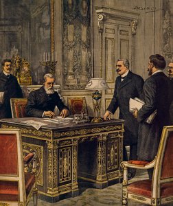 パリでの日仏仲裁条約の調印 イラストレーター、アキレ・ベルトラメ（1871-1945）『ラ・ドメニカ・デル・コリエール』より