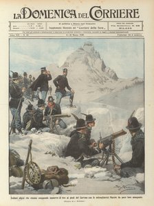 マッターホルンの麓で機関銃を使って射撃演習を行っている高山兵士？ 作： Achille Beltrame