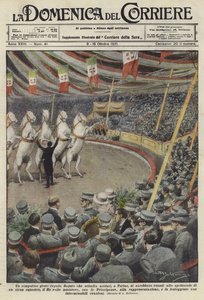 トリノのサーカスで馬のパフォーマンスを見ている兵士 作： Achille Beltrame