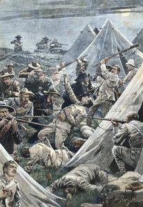 南アフリカ共和国第二次ボーア戦争。トゥイーフォンテンのイギリス軍キャンプへの攻撃（1902年）。Achille Beltrameによるイラスト。エングレーヴィング。