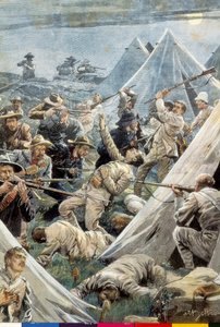 南アフリカ共和国第二次ボーア戦争。トゥイーフォンテンのイギリス軍キャンプへの攻撃（1902年）。Achille Beltrameによるイラスト。エングレーヴィング。 作： Achille Beltrame