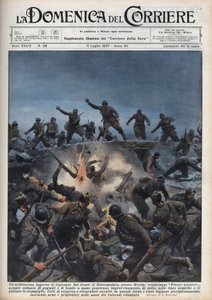 スペイン内戦：スペインのメリダ地方でスペイン共和国軍から逃げ出したイタリア人義勇兵の一団。1937年11月7日の "La domenica del Corriere "に掲載されたAchille Beltrameのイラスト。 作： Achille Beltrame