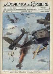 スペイン内戦：戦争中のスペイン上空での共和派と民族派の飛行機の衝突。1937年6月20日の "La domenica del Corriere "に掲載されたAchille Beltrameのイラスト。 作： Achille Beltrame