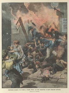 トルヒーヨ（ペルー）の劇場の恐ろしい火、出口で約50人の死者が押しつぶされた 作： Achille Beltrame