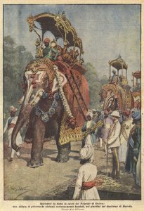 絵のような象のパレードであるプリンスオブウェールズを称えるおとぎ話の素晴らしさ？ 作： Achille Beltrame