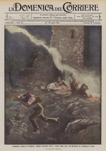 ブリアンツァの悲劇的な嵐、エルバ近くのブロンチーノタワーの遺跡に致命的な落雷 作： Achille Beltrame