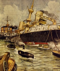 ガリポリ付近で座礁した戦艦「アンドレア・ドーリア」（Achille Beltrame（1871-1945）作、「La Domenica del Corriere」より）。