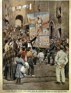 1910年12月8日のDomenica del Corriere（イタリアの日曜新聞）、バラード歌手がナポリで歌っているリビア戦争に触発されたフォークソング、Achille Beltrame作、イラスト 作： Achille Beltrame