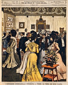 トリノの国際写真展に参加するアオスタ公爵家、Achille Beltrame（1871-1945）作、1900年3月4日のLa Domenica del Corriereより。