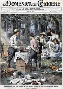 アメリカ大統領セオドア・ルーズベルト（1858～1919）は、オイスター・ベイの第2の住居でピクニックをした際に足を切断して、息子たちに社会人としての義務を教えた。イラストはAchille Beltrameによるものです。ラ・ドメニカ・デル・コリエール 作： Achille Beltrame