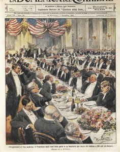 500km離れた場所から電話で話すアメリカ大統領。イタリアの新聞「La Domenica del Corriere」に掲載されたAchille Beltrameのイラスト（11月20日付 作： Achille Beltrame