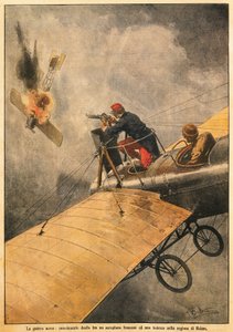 空の戦争。ランス上空でのフランス機とドイツ機の決闘、Achille Beltrame（1871-1945）作、1914年10月25日のLa Domenica del Corriereより。 作： Achille Beltrame