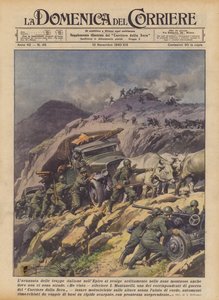 エピルスにおけるイタリア軍の進撃は、道路のない山岳地帯でも果敢に行われた（カラーリトグラフ） 作： Achille Beltrame