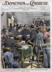 1905年のロシア革命の後、ロンドンの会議場に到着したマキシム・ゴーリキの姿。1907年5月26日のLa Domenica del Corriereの表紙。 作： Achille Beltrame