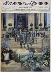 1931年7月19日の "la Domenica del Corriere "に掲載されたdess.de A.Beltrameの記事によると、葬儀の行列が街中を横切った後、トリノでアオスタ公の遺体を祝福している。 作： Achille Beltrame