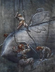 1910年、フランスの潜水艦「プルビオース」の大惨事。引き上げるための鎖を固定しようとするスカッフマンたち。イラストはAchille Beltrame。 作： Achille Beltrame